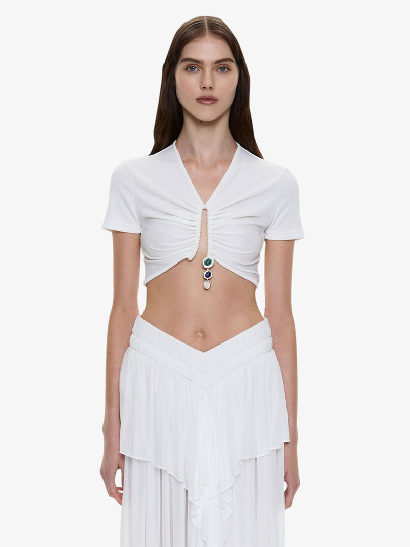 Droplet Crystal Pendant Ruched Tee - Image 1