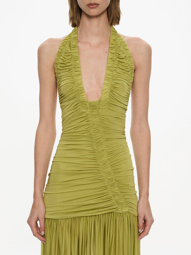 Christopher Esber Womens Green Olive Orion Woven-Blend Maxi Dress 10