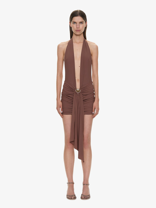 Pierced Orbit Halter Drape Mini Dress