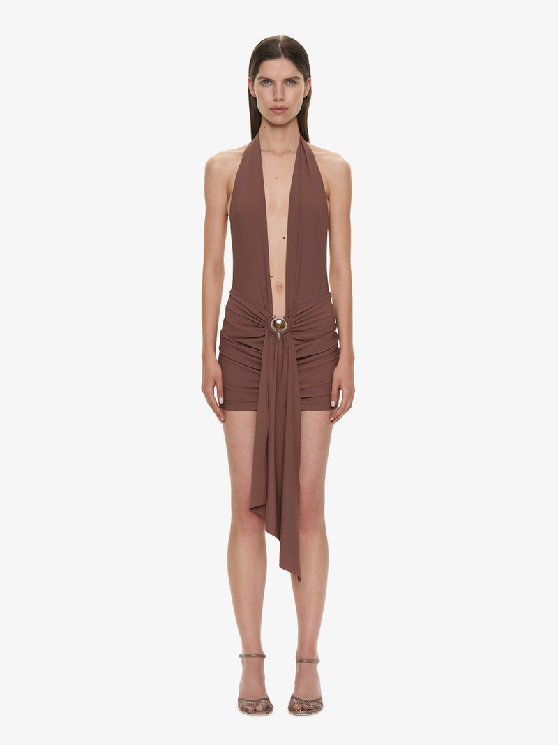 Pierced Orbit Halter Drape Mini Dress - Image 1