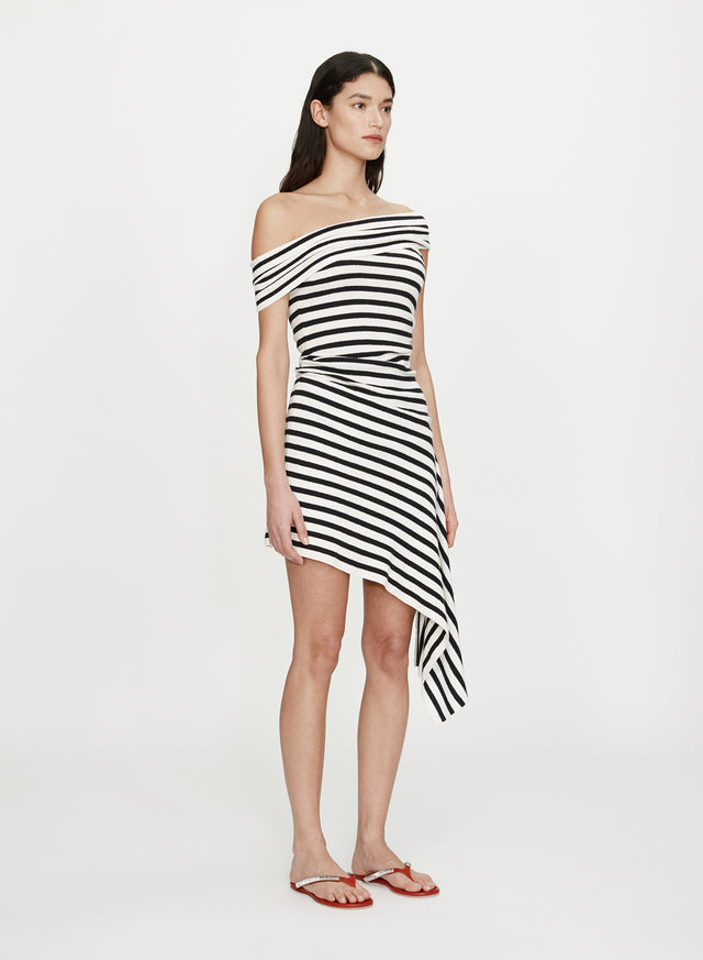 Stripe Knit Extension Drape Mini Dress