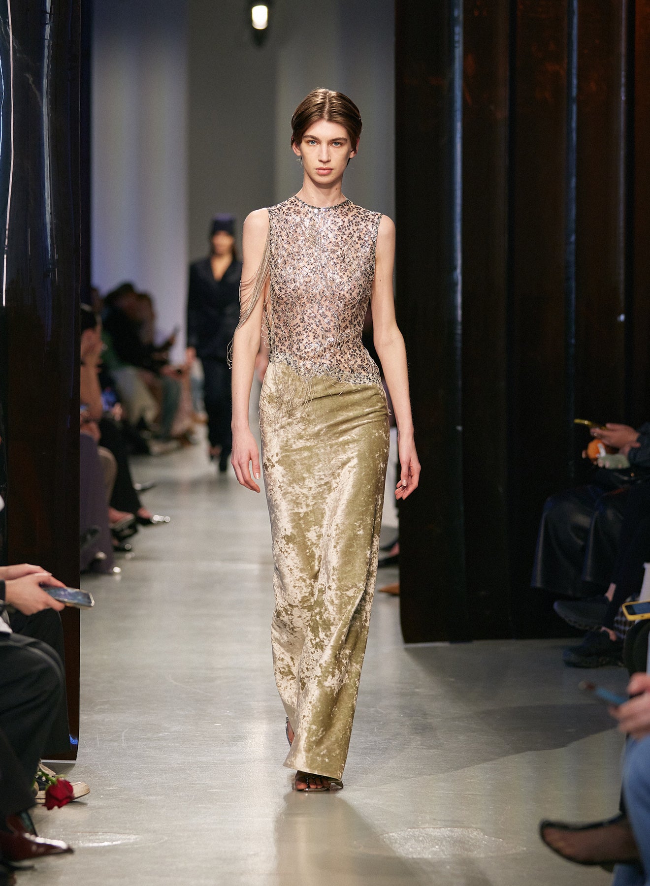 Swept Chain Lace Velvet Column Gown