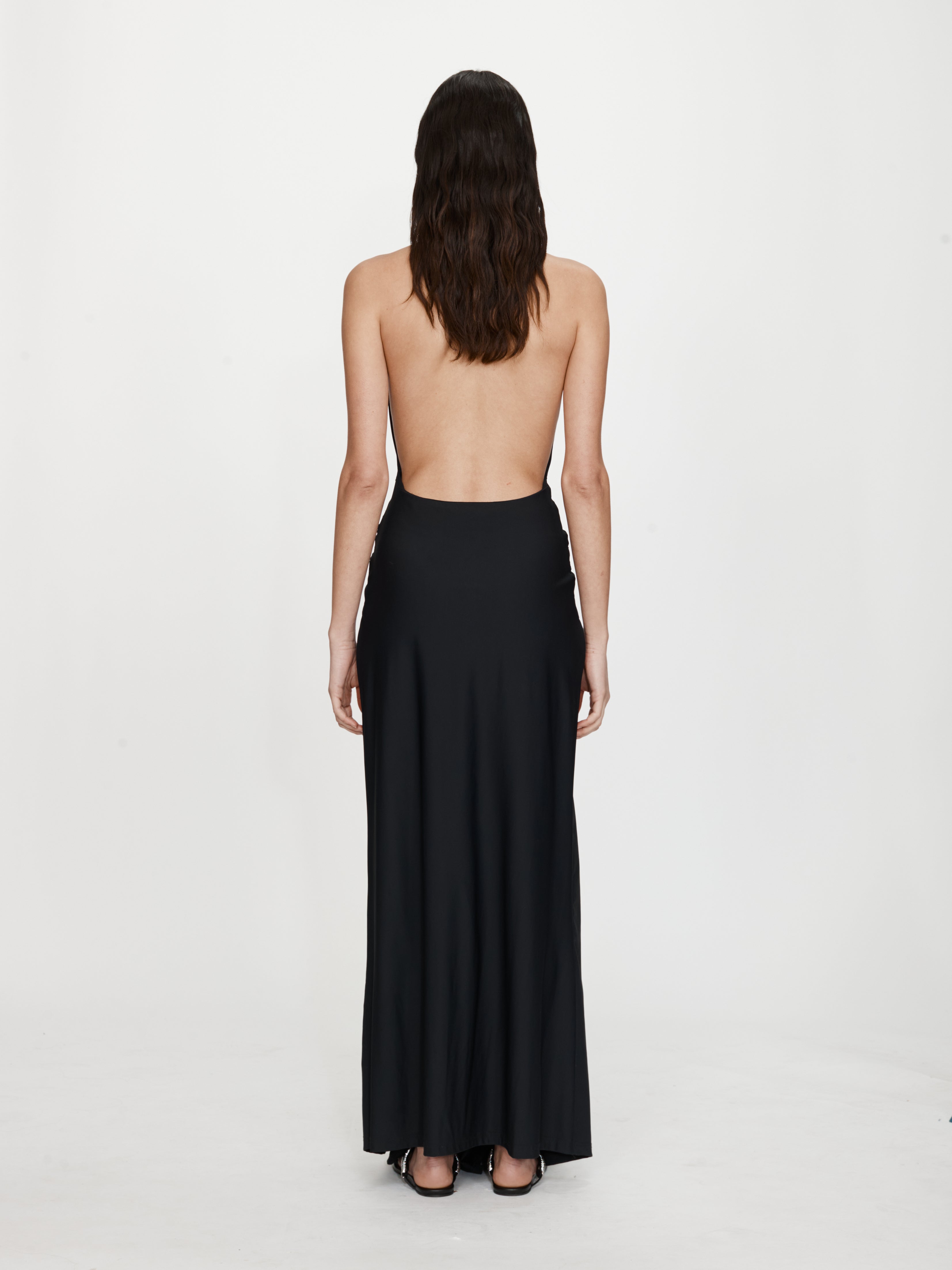 Crystal Pendant Ruched Lycra Halter Dress