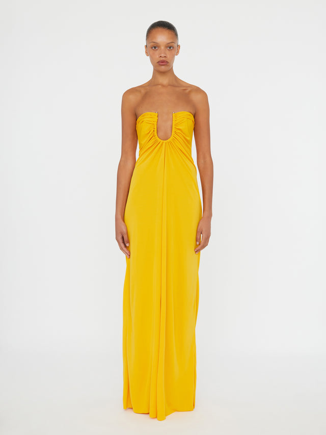 Arced Palm Strapless Dress