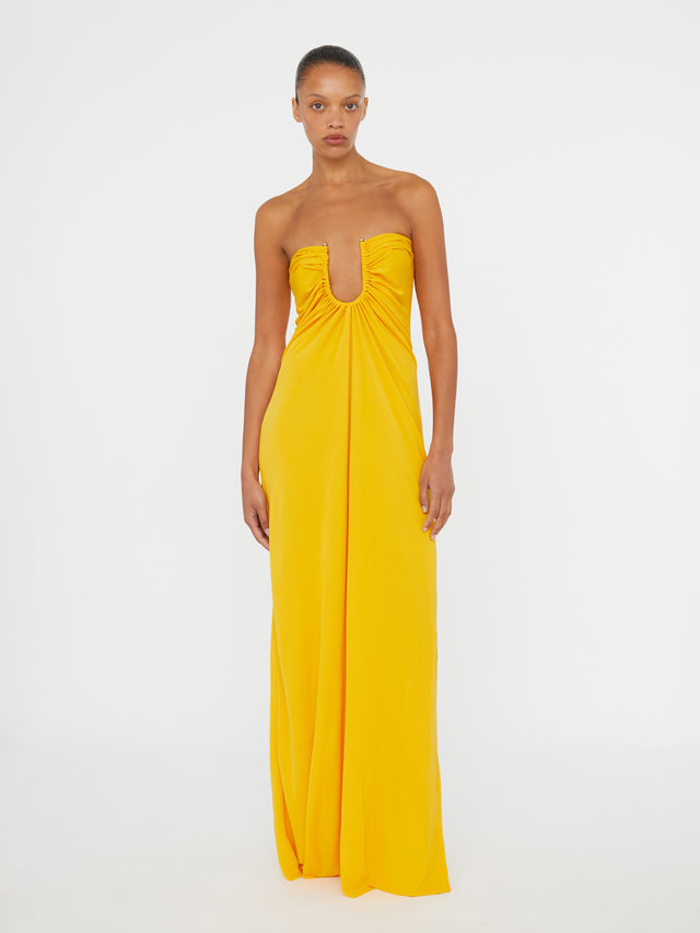 Arced Palm Strapless Dress