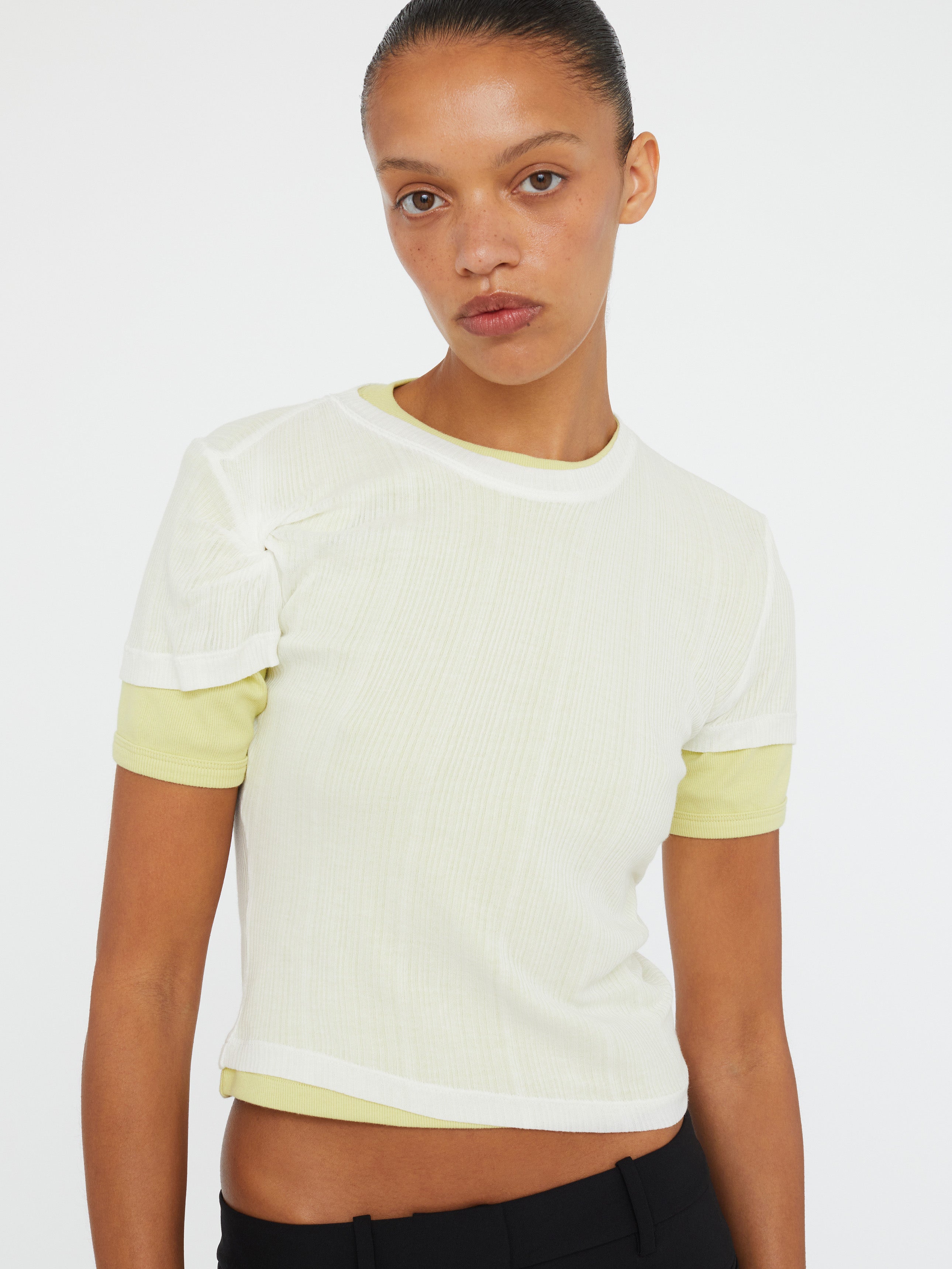 Sheer Ribbed Overlay Loophole Tee