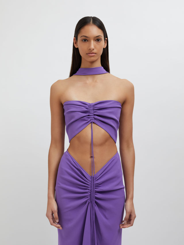 Reversed Halter Disconnect Ruched Dress