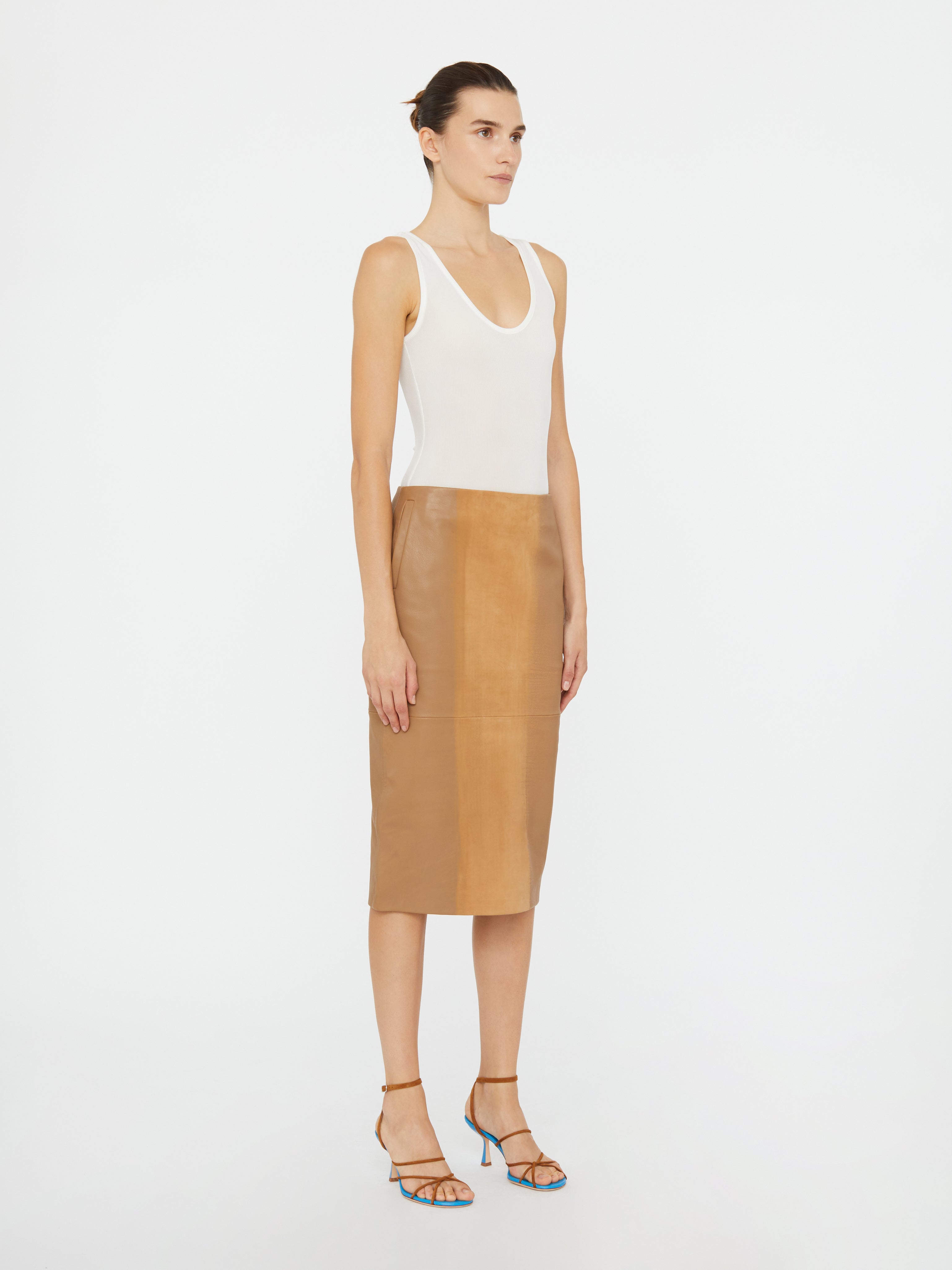 Scuffed Leather Midi Skirt