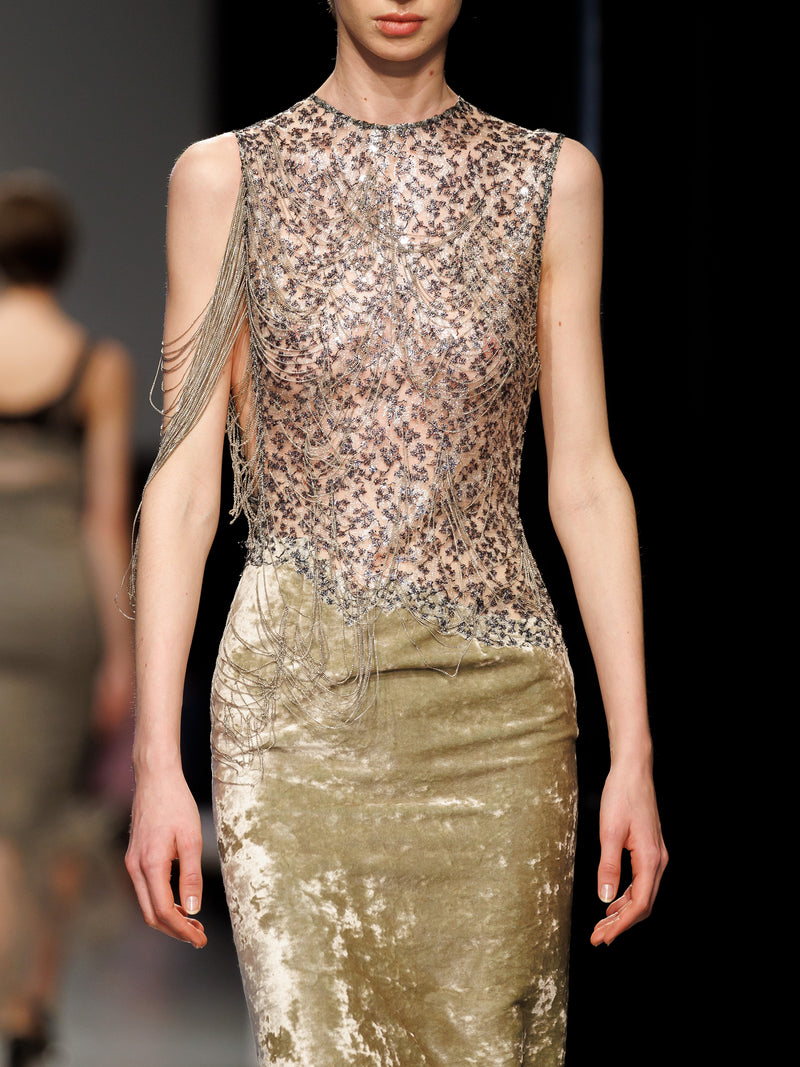 Swept Chain Lace Velvet Column Gown - Image 2