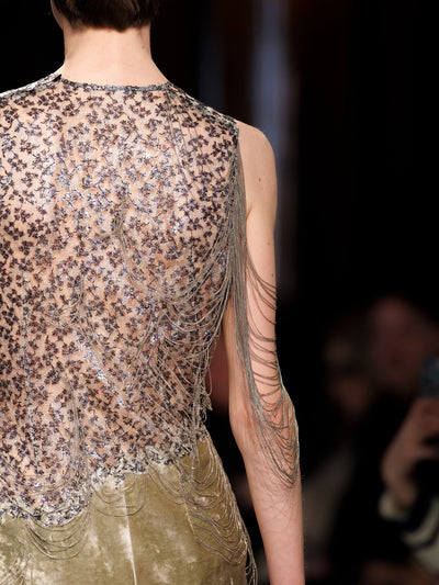 Swept Chain Lace Velvet Column Gown
