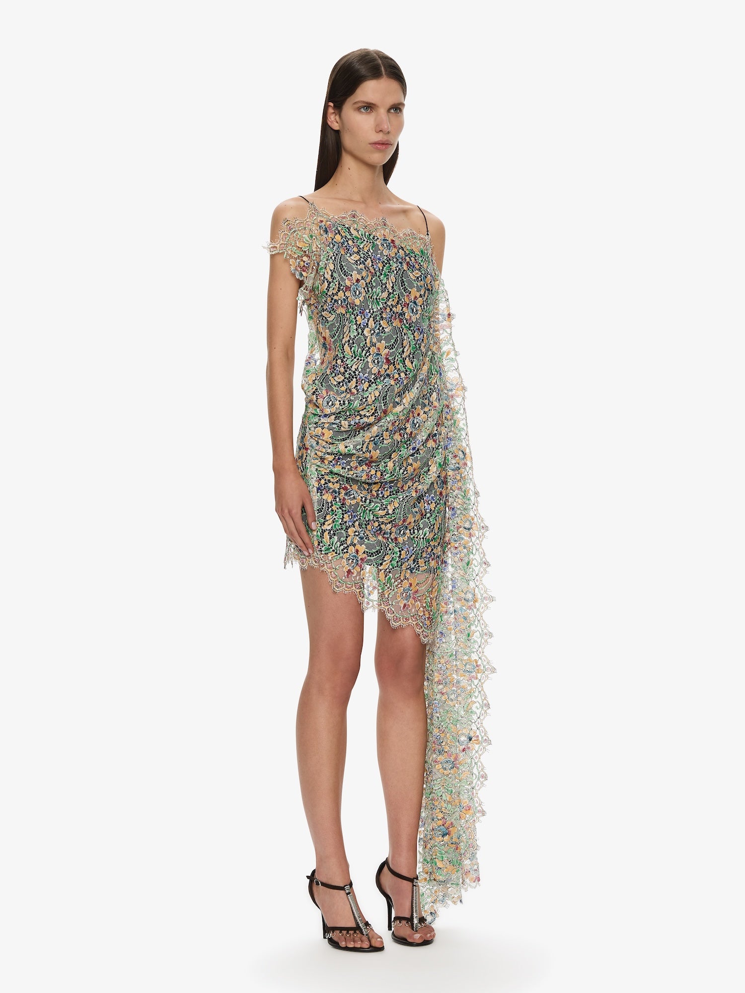 Hand Painted Draped Lace Mini Dress