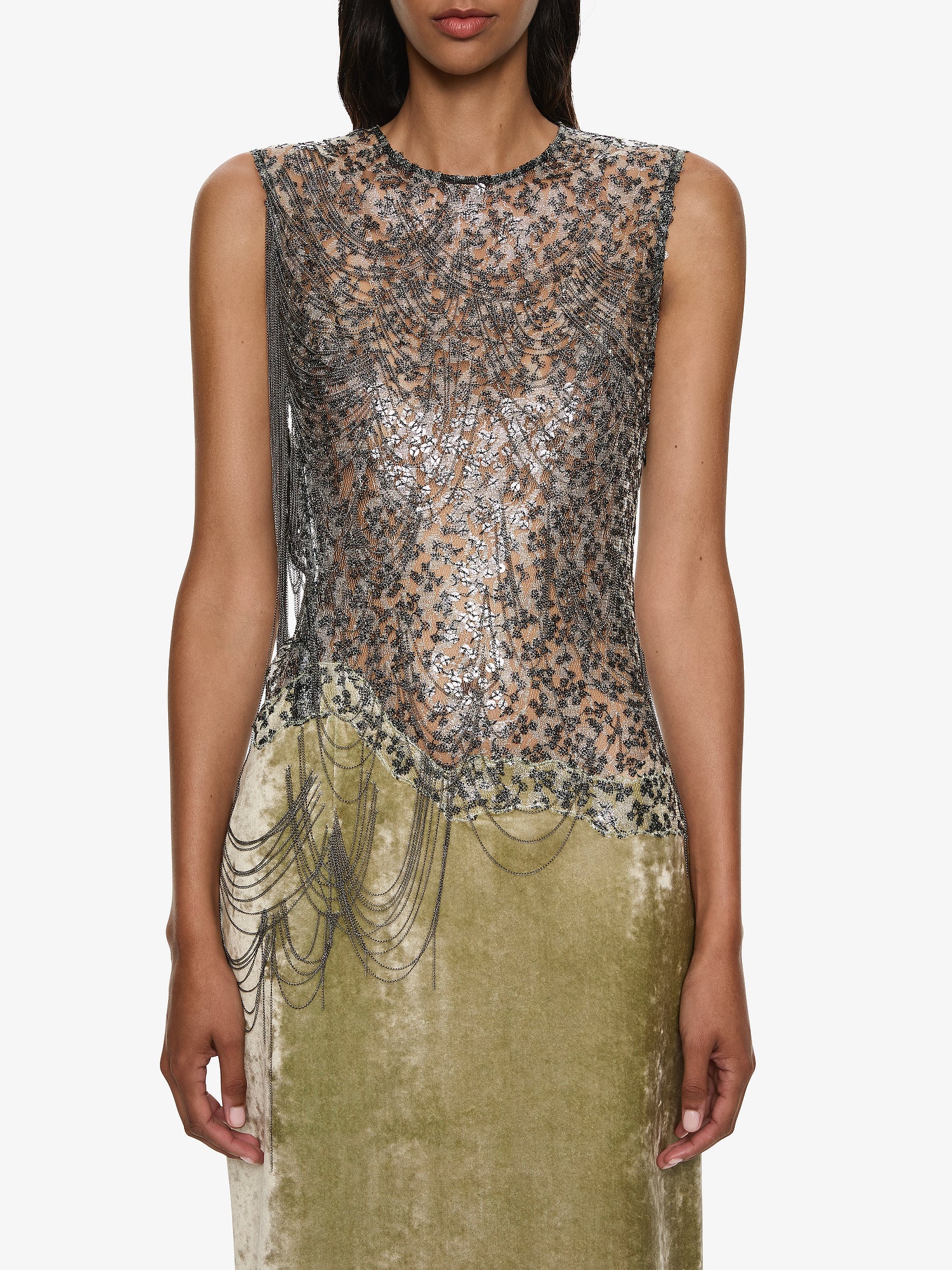 Swept Chain Lace Velvet Column Gown