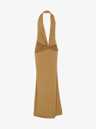 Contour Suede Belted Jersey Halter Gown