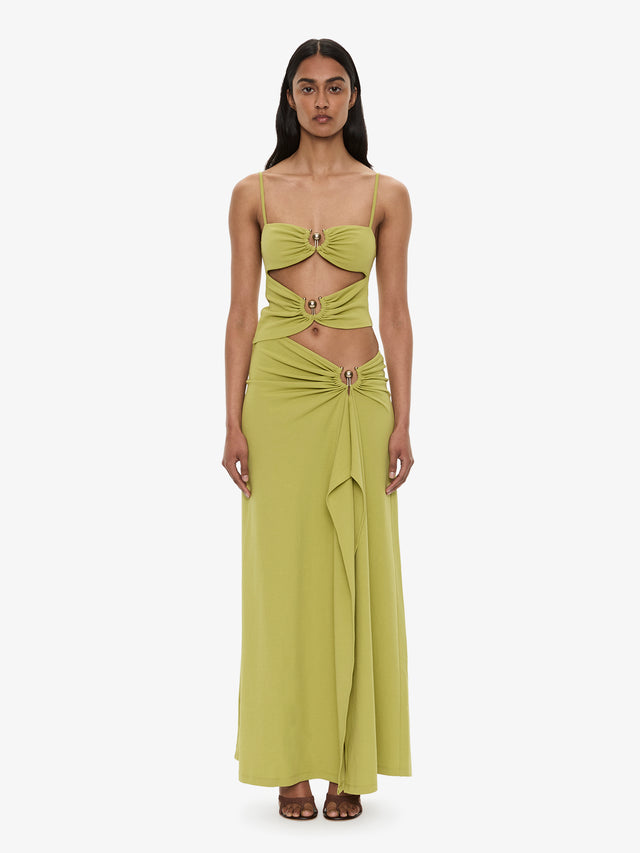 Orbit Ruched Disconnect Cascade Dress