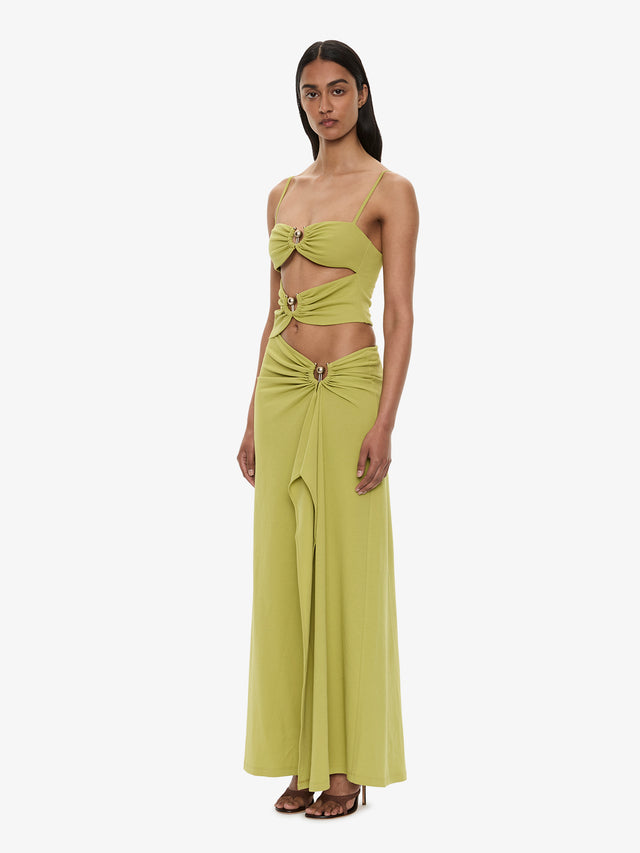 Orbit Ruched Disconnect Cascade Dress