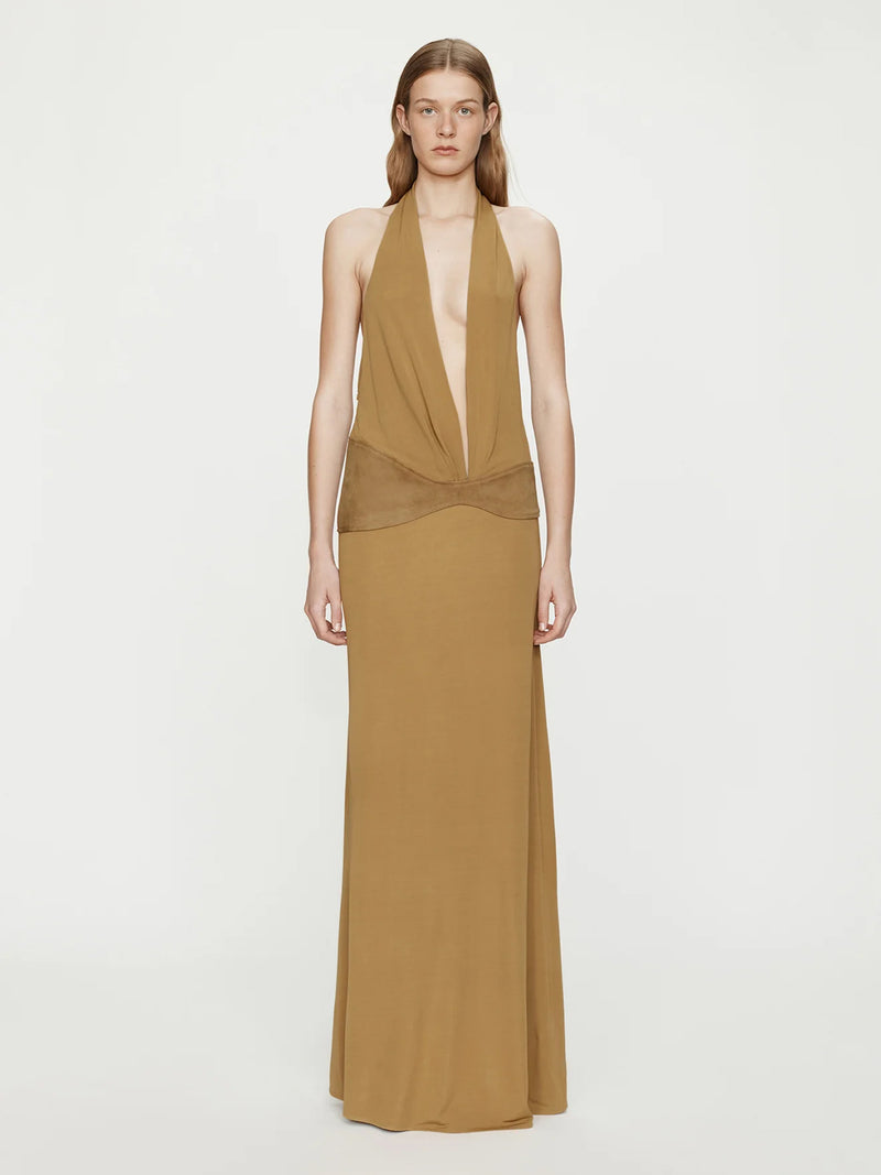Contour Suede Belted Jersey Halter Gown - Image 1
